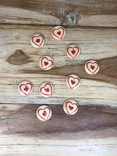 10 Wooden Button with Red Heart Within Heart Pattern