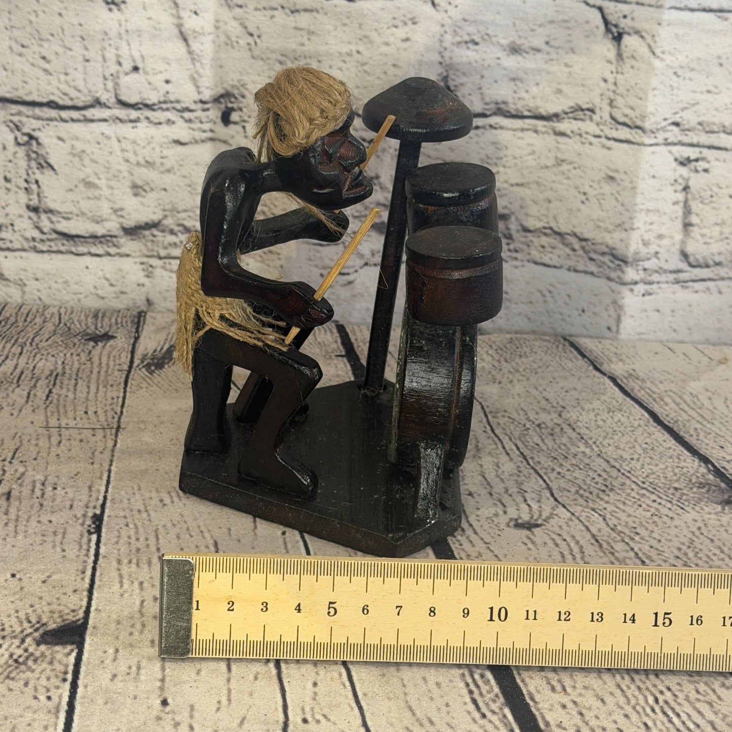 15cm Drum Kit Playing African Tribal Warrior Man Figure Statue Wood Hand Carved7