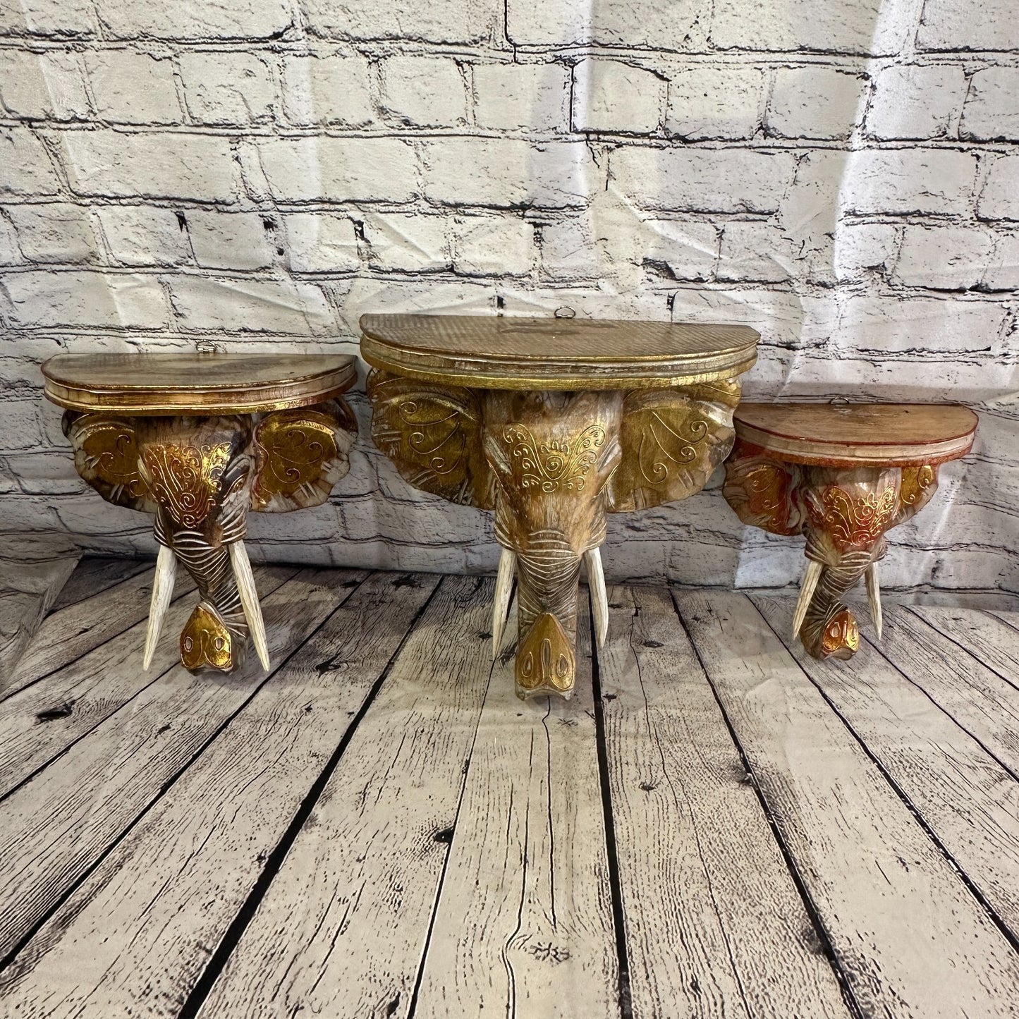 20cm x 20cm Brown Gold Shelf Wood Elephant Head Wall Mounted Art Large Shabby7