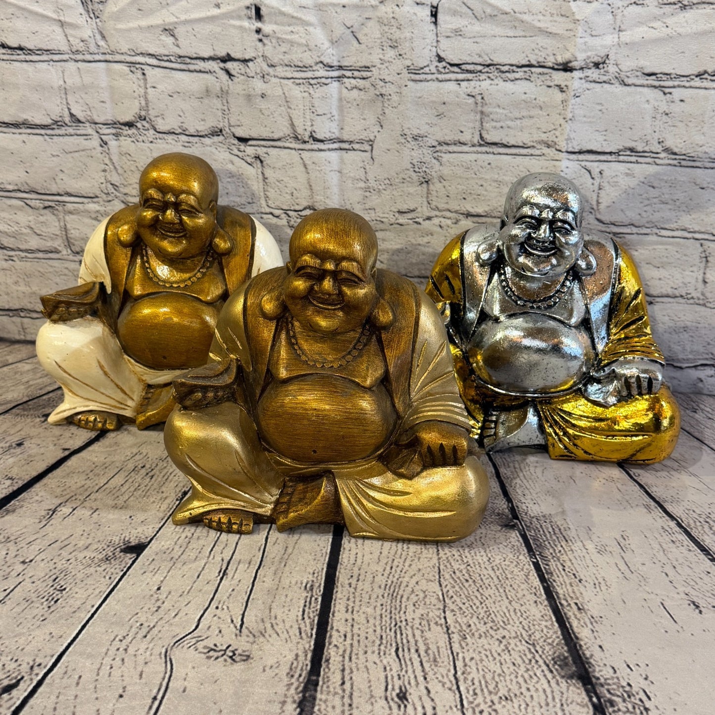 Cream & Bronze 20cm x 20cm Large Chinese Buddha Sitting On Lotus Statue Resin9