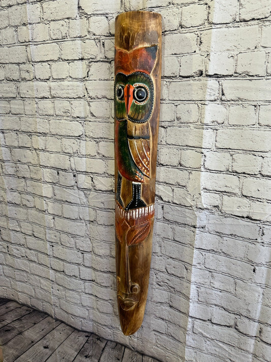 100cm Standing Owl Hand Carved Fair Trade Wooden Animal Wall Art Wall Hang Mask1