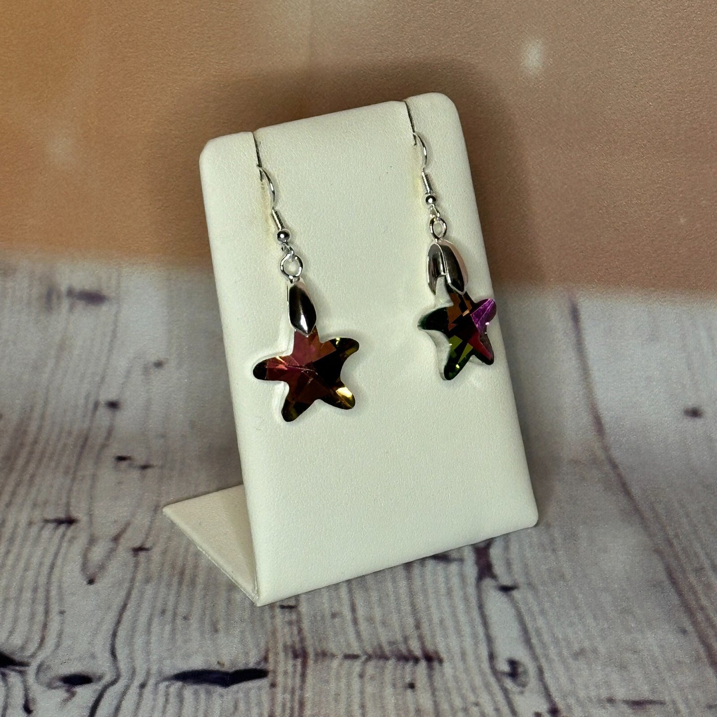 Pink Brown Crystal Star Shaped Dangle Drop Earrings Handmade UK Jewellery2