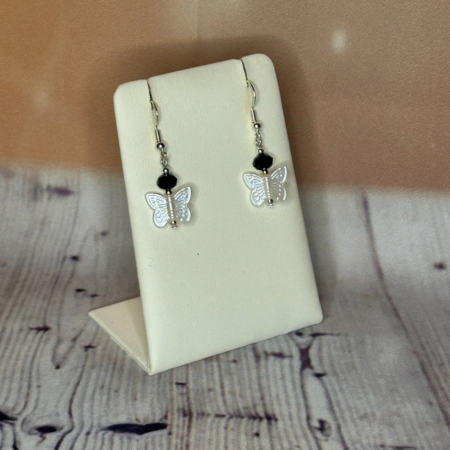 Black Crystal And White Butterfly Dangle Drop Earrings Handmade UK Jewellery2