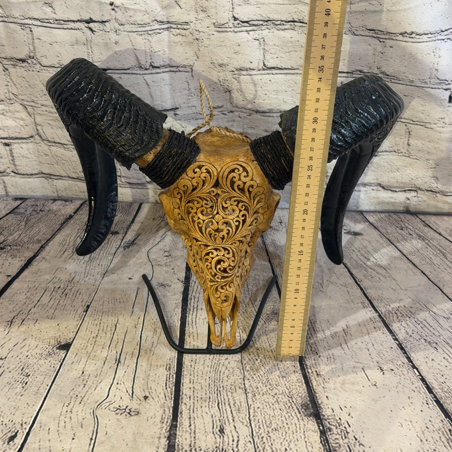 30cm Carved Buffalo Ram Wild Skulls Wall Hanging Carved With Stand Design 27