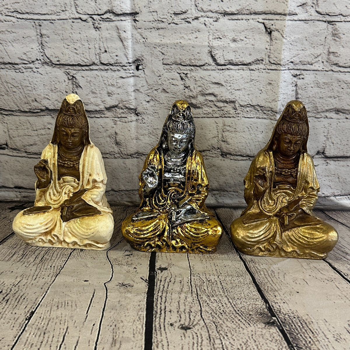 Gold & Bronze 18cm x 10cm Small Quan Yin Sitting Lotus Statue Resin Hindu God9