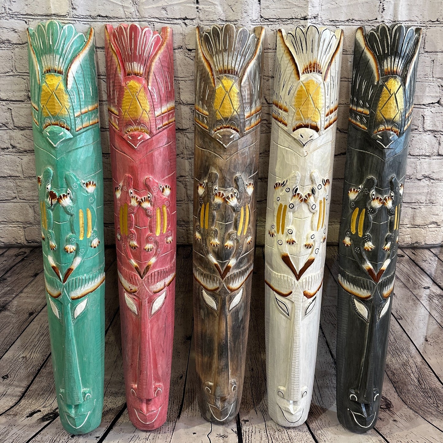 100cm Pink Gecko Hand Carved Fair Trade Wooden Animal Wall Art Hang Mask8