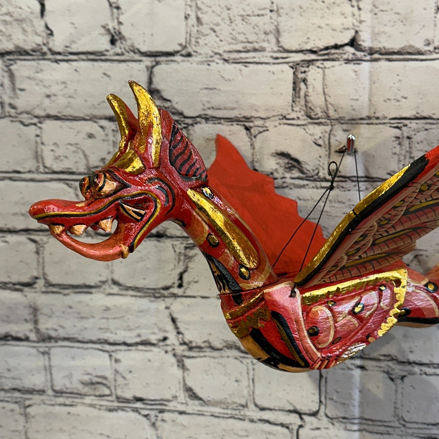 40cm Red Dragon Folk Art Carved Wood Flying Winged Mobile Spirit Chaser Guardian5