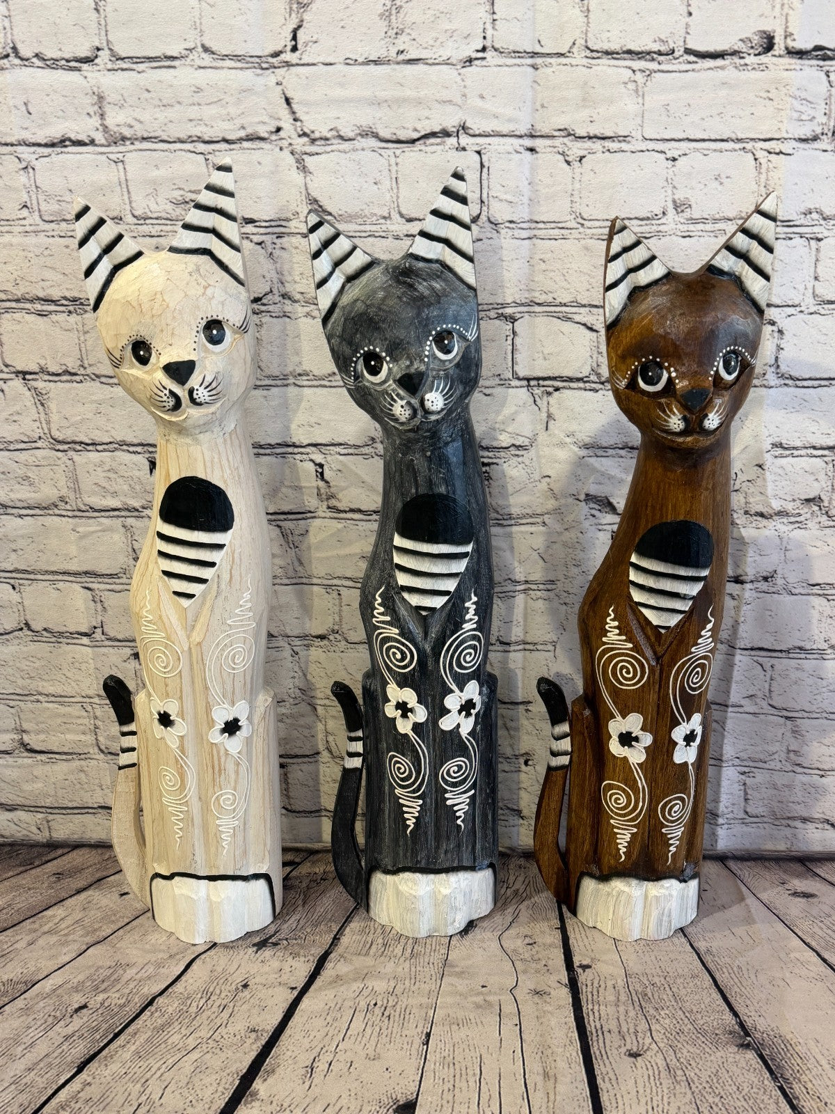 100cm Grey Flower Wooden Shabby Cat Statue Ornament Fair Trade Handcarved9