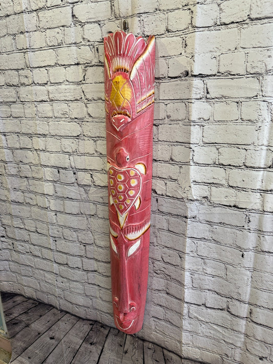 100cm Pink Turtle Hand Carved Fair Trade Wooden Animal Wall Art Hang Mask1