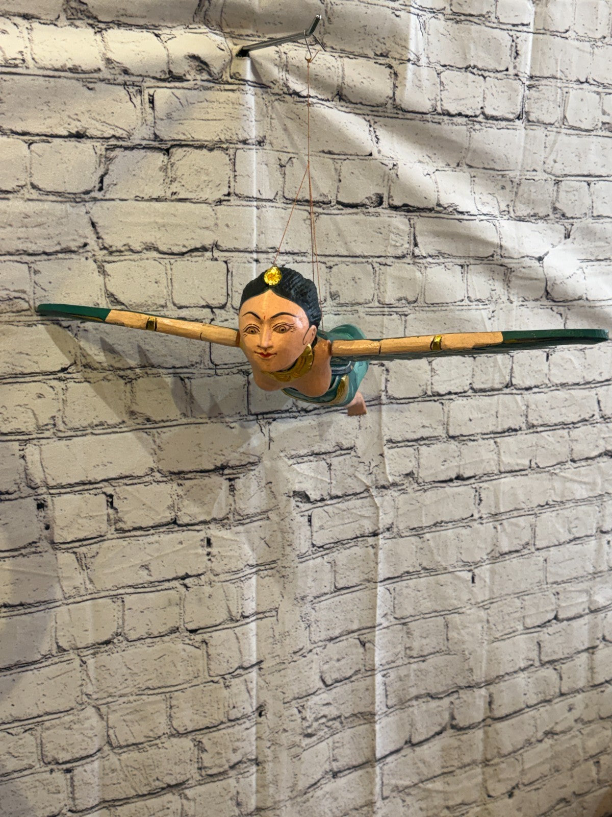 35cm Green Sita Hindu Folk Art Carved Wood Flying Winged Mobile Spirit Guardian4