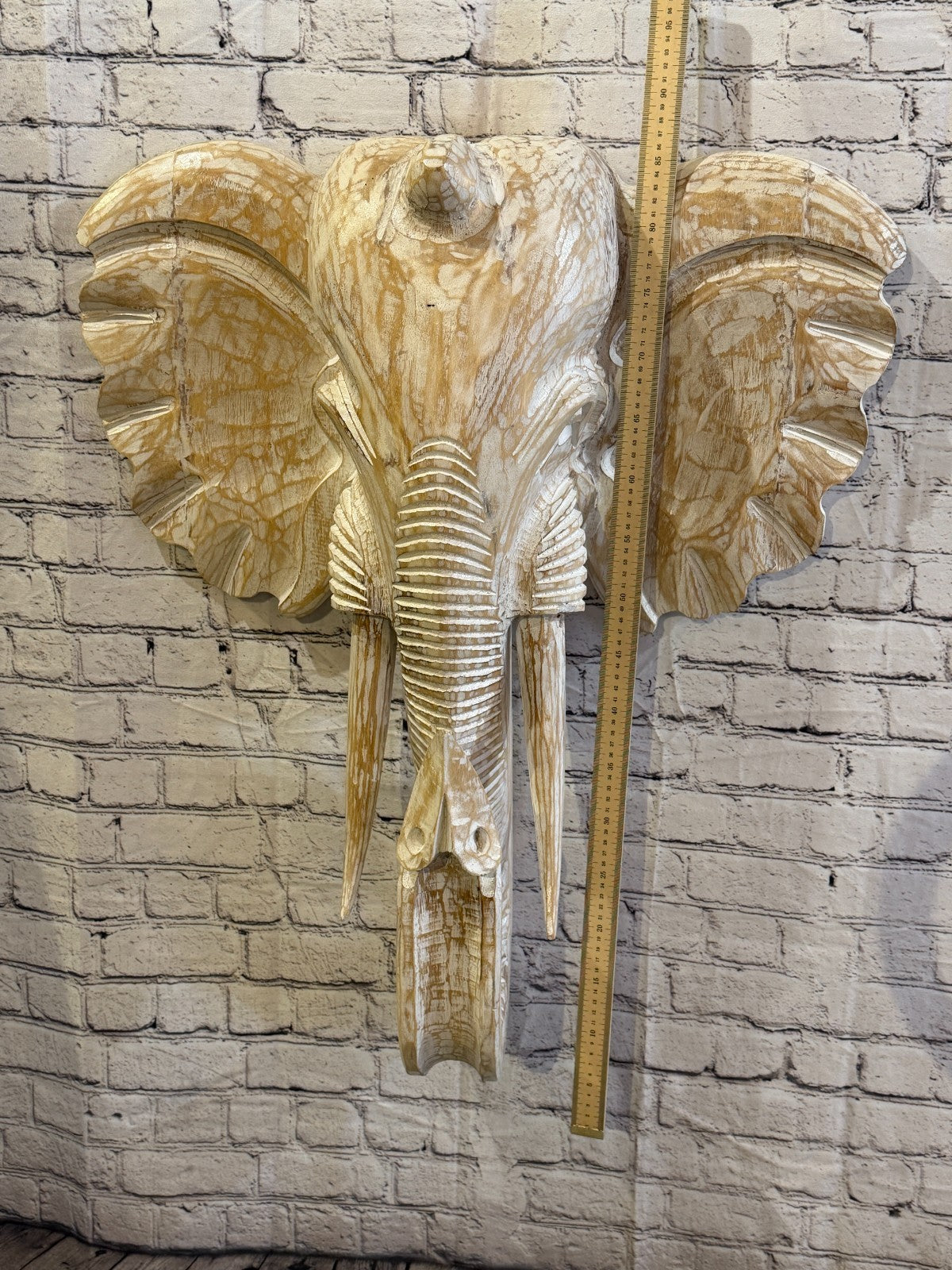 80cm x 65cm White Carved Wood Elephant Head Wall Mounted Art Large Shabby4