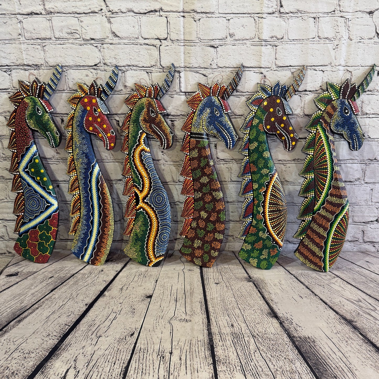 45cm Unicorn Carved Wooden Dot Painted Ethnic Tribal Tiki Wall Art No 66