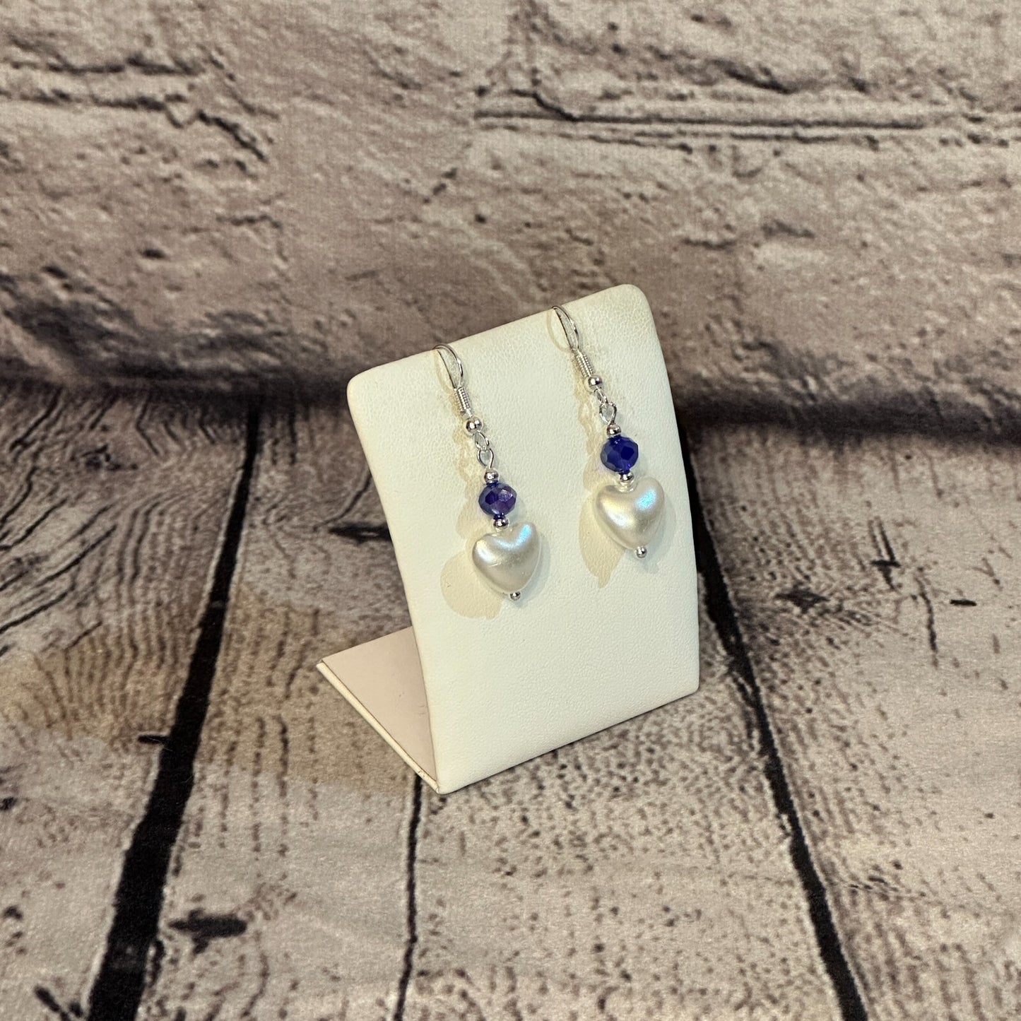Indigo Crystal And White Heart Shaped Dangle Drop Earrings Handmade UK Jewellery2