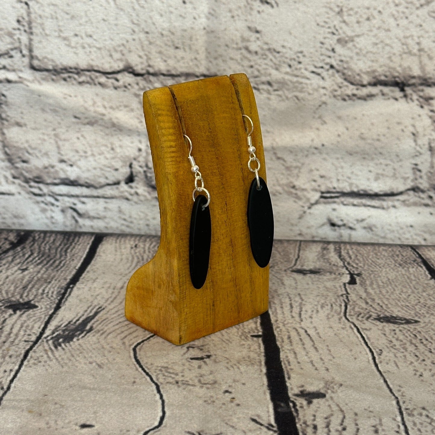 Black Recycled Oval With Silver Plate Dangle Drop Earrings Handmade UK Jewellery2