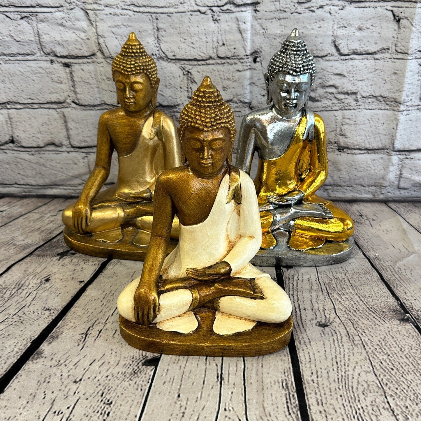 White & Bronze 20cm x 12cm Large Thai Buddha Sitting Statue Resin Hindu10