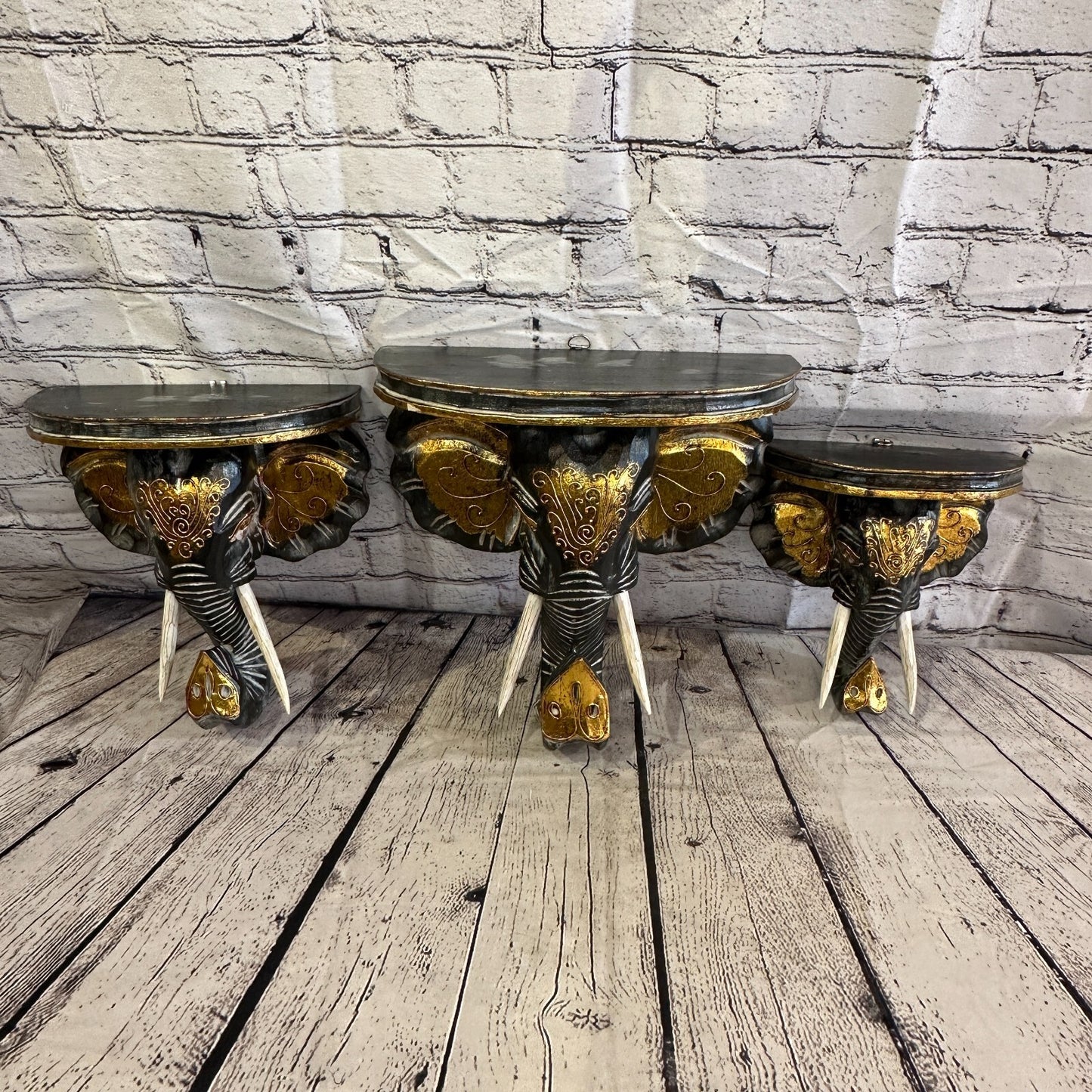 20cm x 20cm Black Gold Shelf Wood Elephant Head Wall Mounted Art Large Shabby7