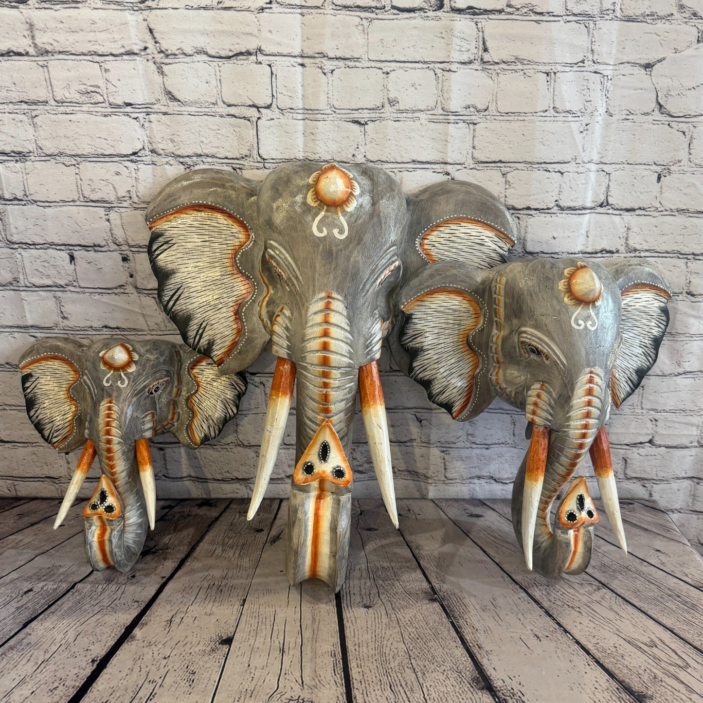30cm x 30cm Grey Light Painted Wood Elephant Head Wall Mounted Art Shabby7