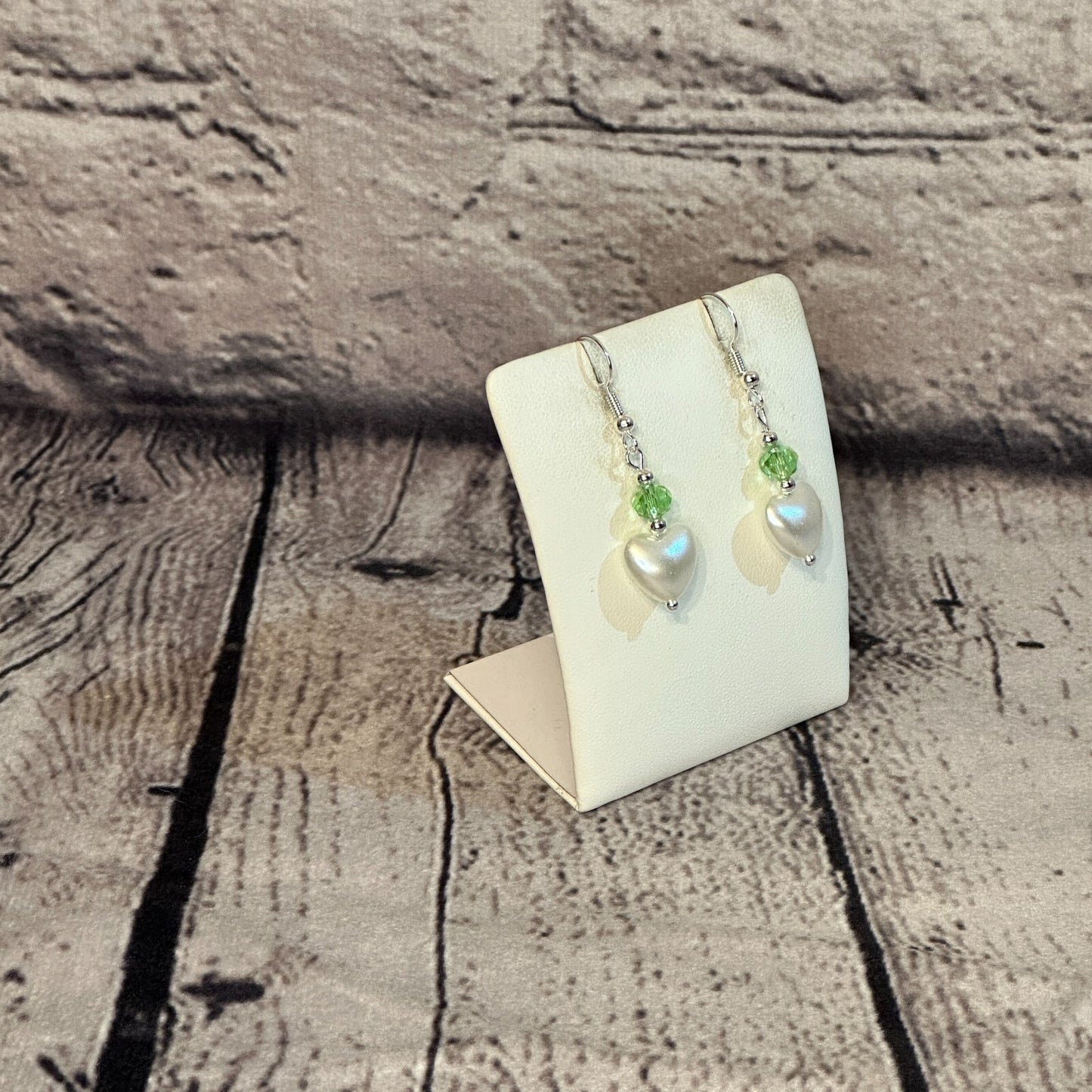 Olive Crystal And White Heart Shaped Dangle Drop Earrings Handmade UK Jewellery2