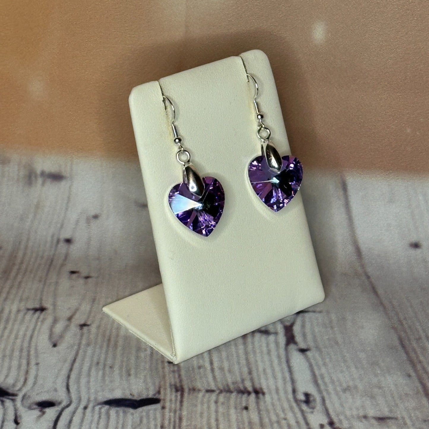 Light Purple Crystal Heart Shaped Dangle Drop Earrings Handmade UK Jewellery2