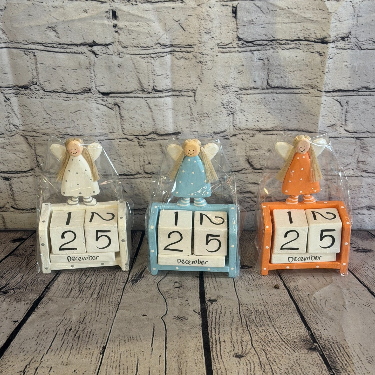 15cm Blue Hand Carved Painted Wooden Angel Block Calendar for Desk Display8