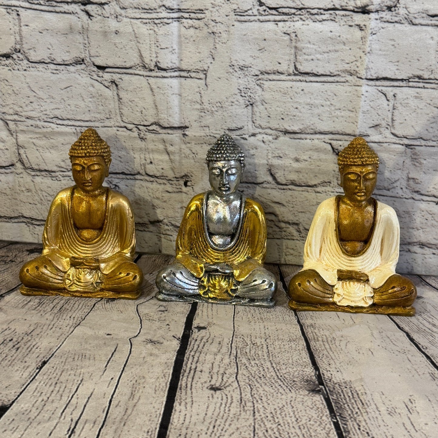 Cream & Bronze 15cm x 12cm Small Thai Buddha Sitting Statue Resin Hindu9