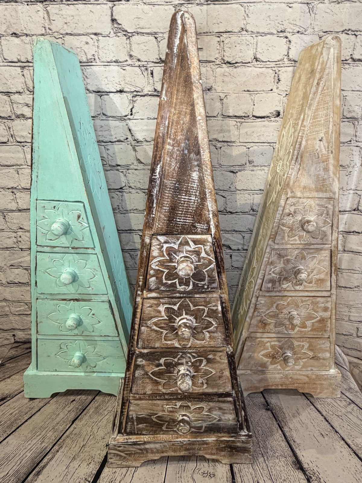 80cm x 30cm Green 3 Draw Pyramid Wooden Side Cabinet Living Storage Furniture8