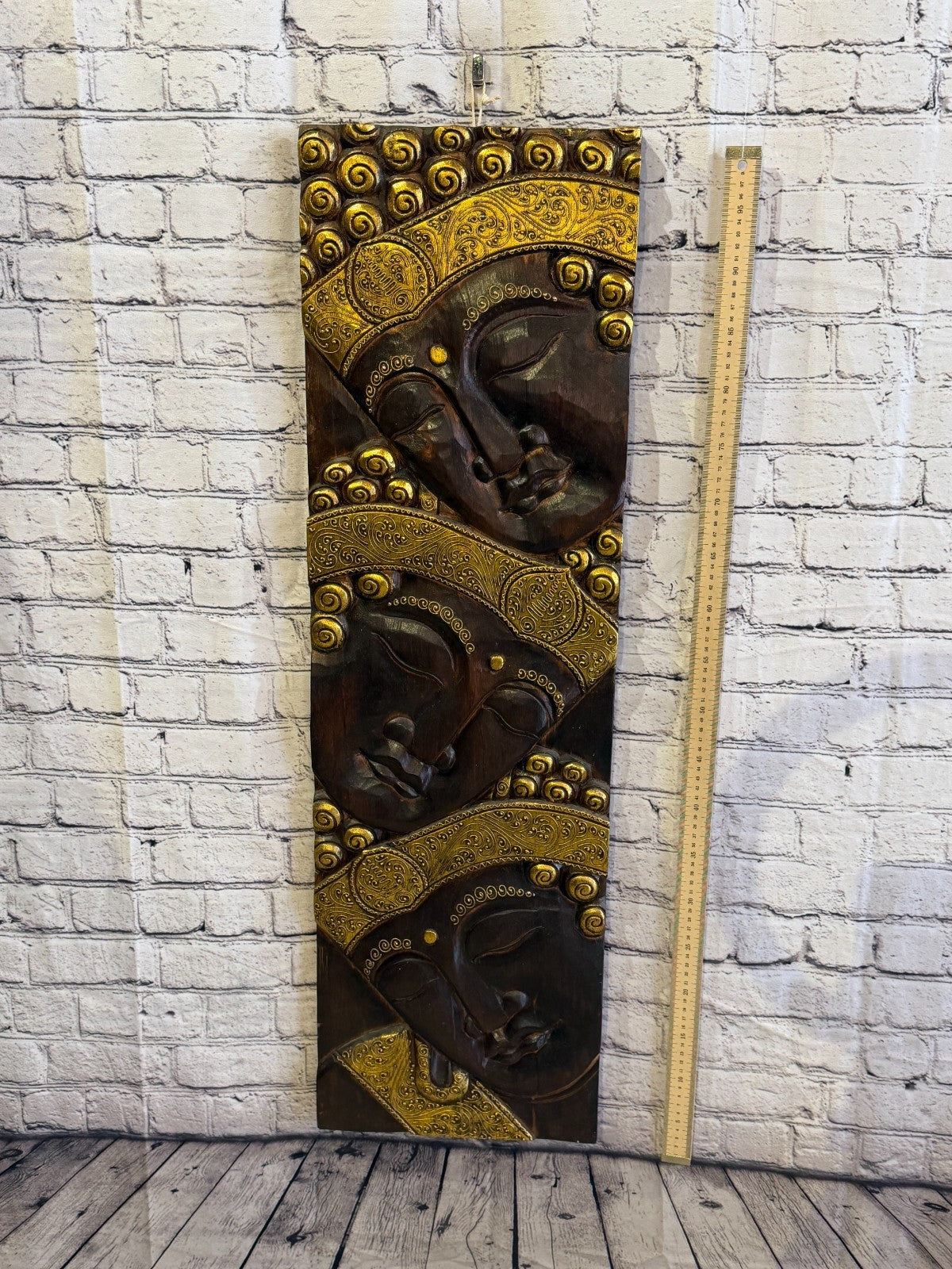 100cm x 30cm Gold Brown 3 Buddha Wall Art Plaque Handcarved Wooden Wood Panel4
