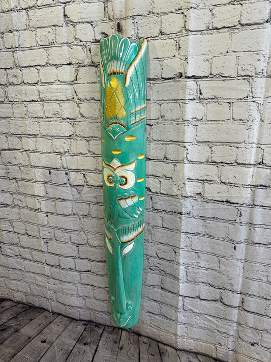 100cm Green Owl Hand Carved Fair Trade Wooden Animal Wall Art Hang Mask1