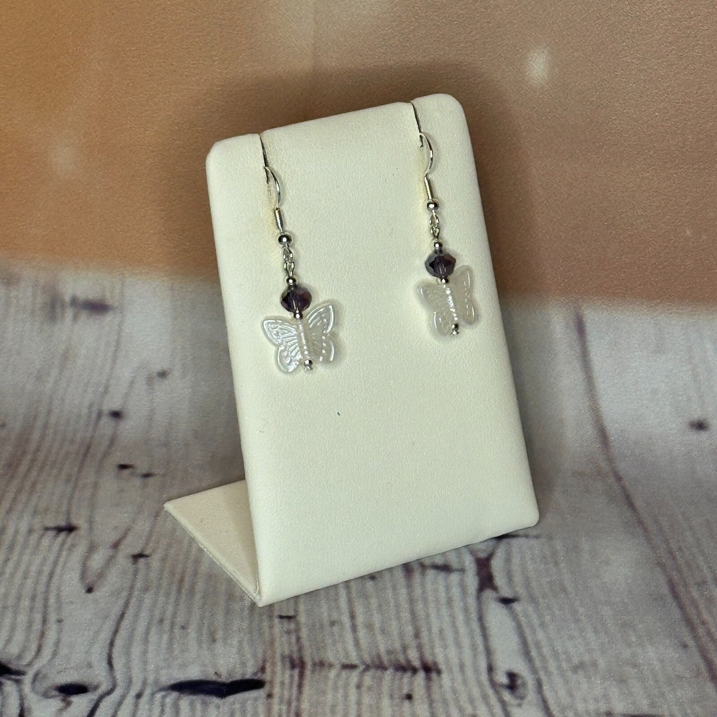Purple Crystal And White Butterfly Dangle Drop Earrings Handmade UK Jewellery2