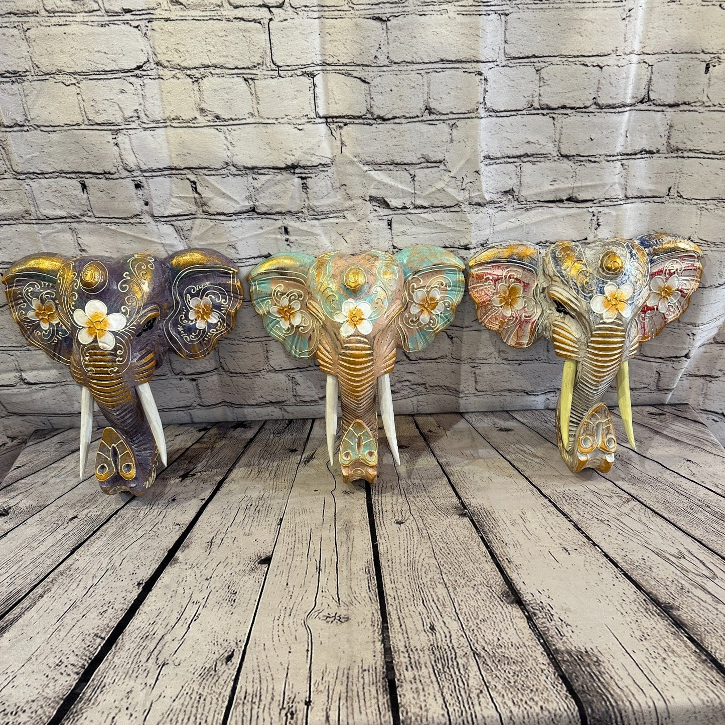 50cm x 45cm Pink Flower Painted Wood Elephant Head Wall Mounted Art Shabby7