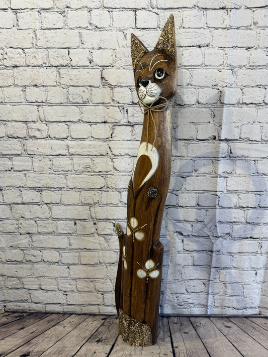 100cm Brown Silver Dots Wooden Shabby Cat Statue Ornament Fair Trade Handcarved1
