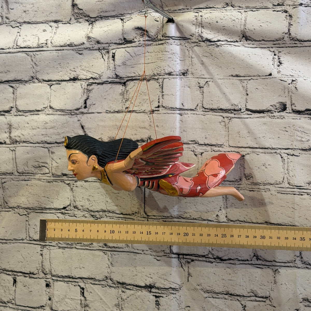 30cm Red Sita Hindu Folk Art Carved Wood Flying Winged Mobile Spirit Guardian5