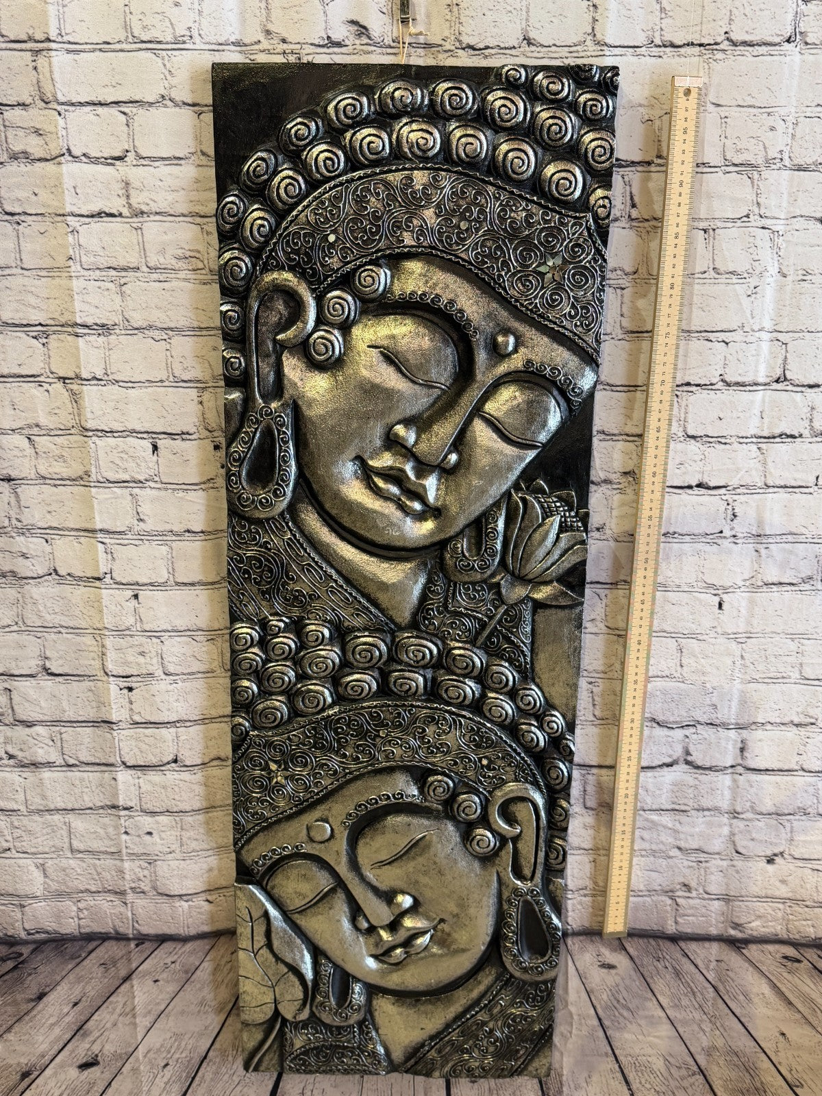 120cm x 40cm Silver Black 2 Buddha Wall Art Plaque Handcarved Wooden Wood Panel4