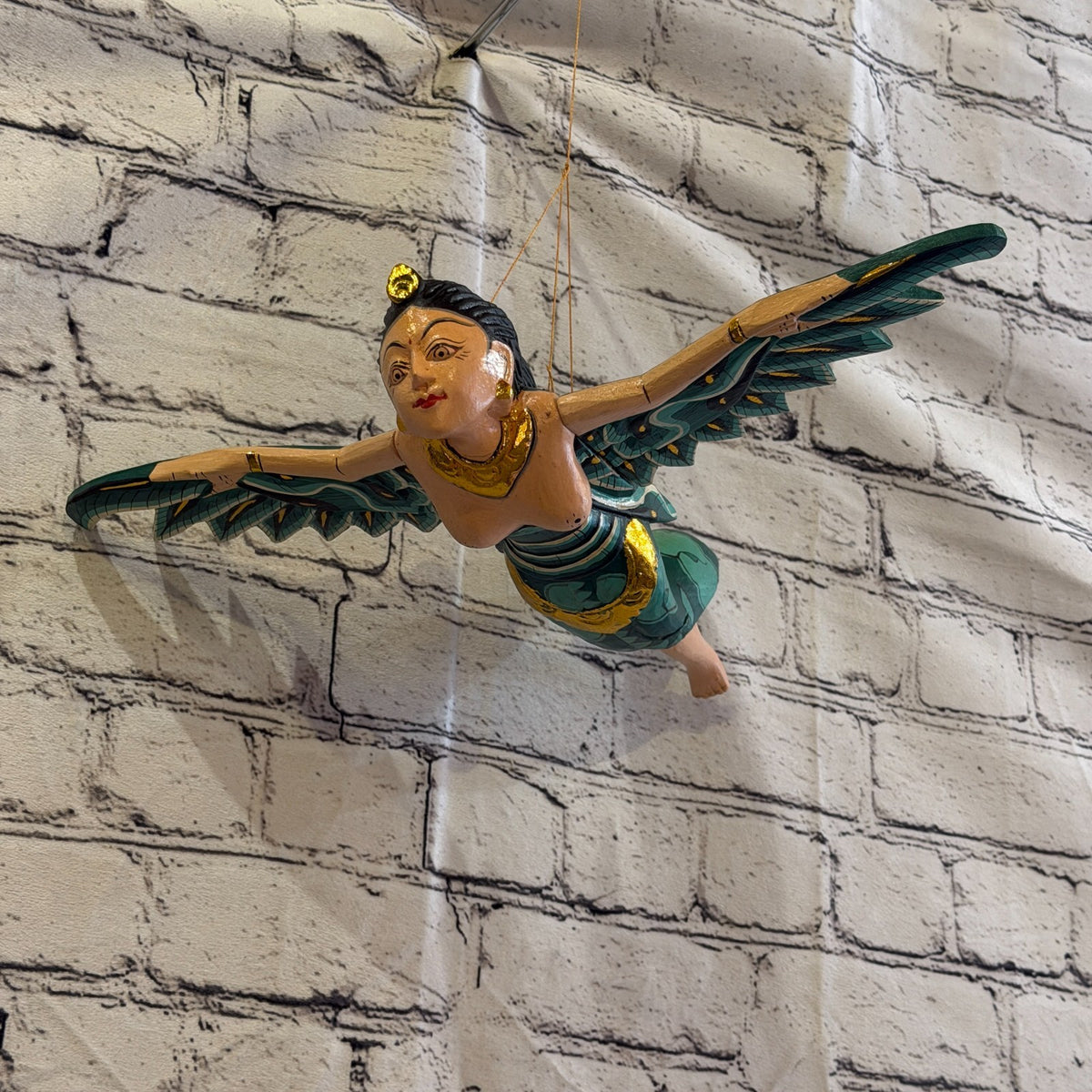 30cm Green Sita Hindu Folk Art Carved Wood Flying Winged Mobile Spirit Guardian4