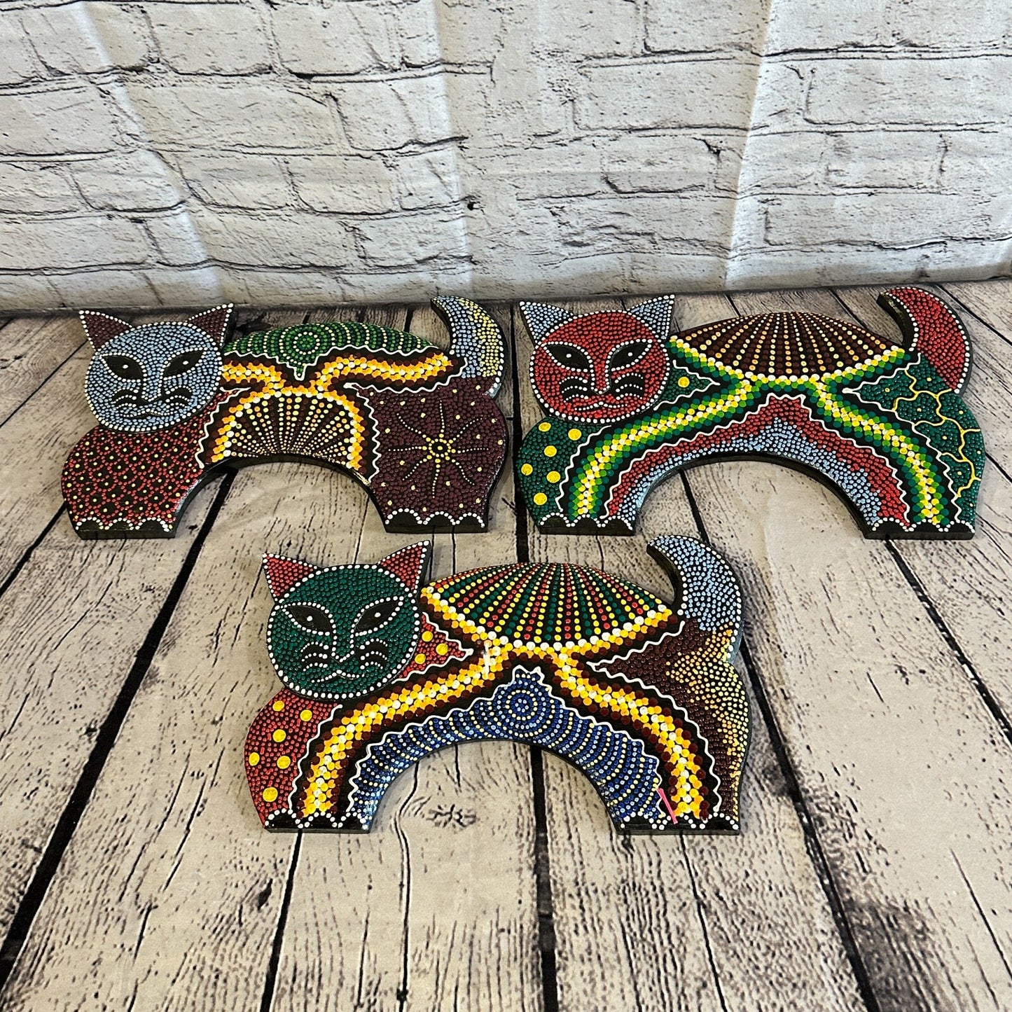 30cm Cat Carved Wooden Dot Painted Ethnic Tribal Tiki Wall Art Handmade No 26