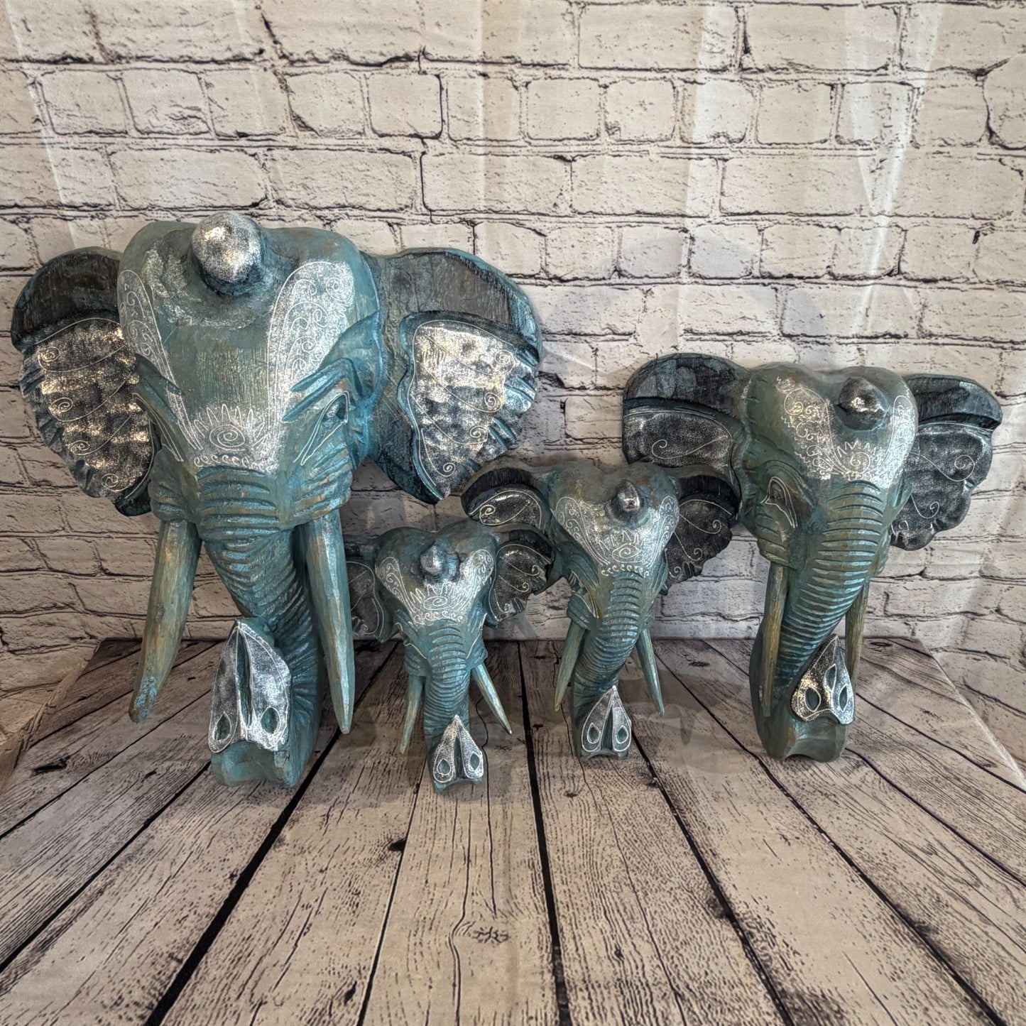 30cm x 30cm Silver Blue Painted Wood Elephant Head Wall Mounted Art Shabby6