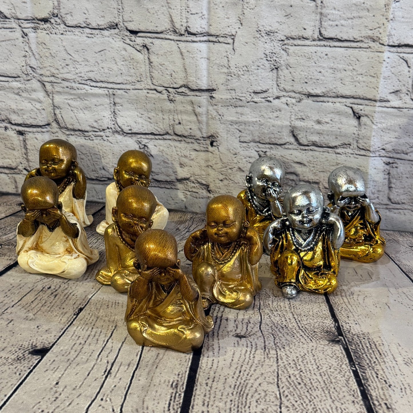 Bronze 10cm Set Of 3 Wise Buddha Monks Sitting On Seat Statue Resin Hindu7