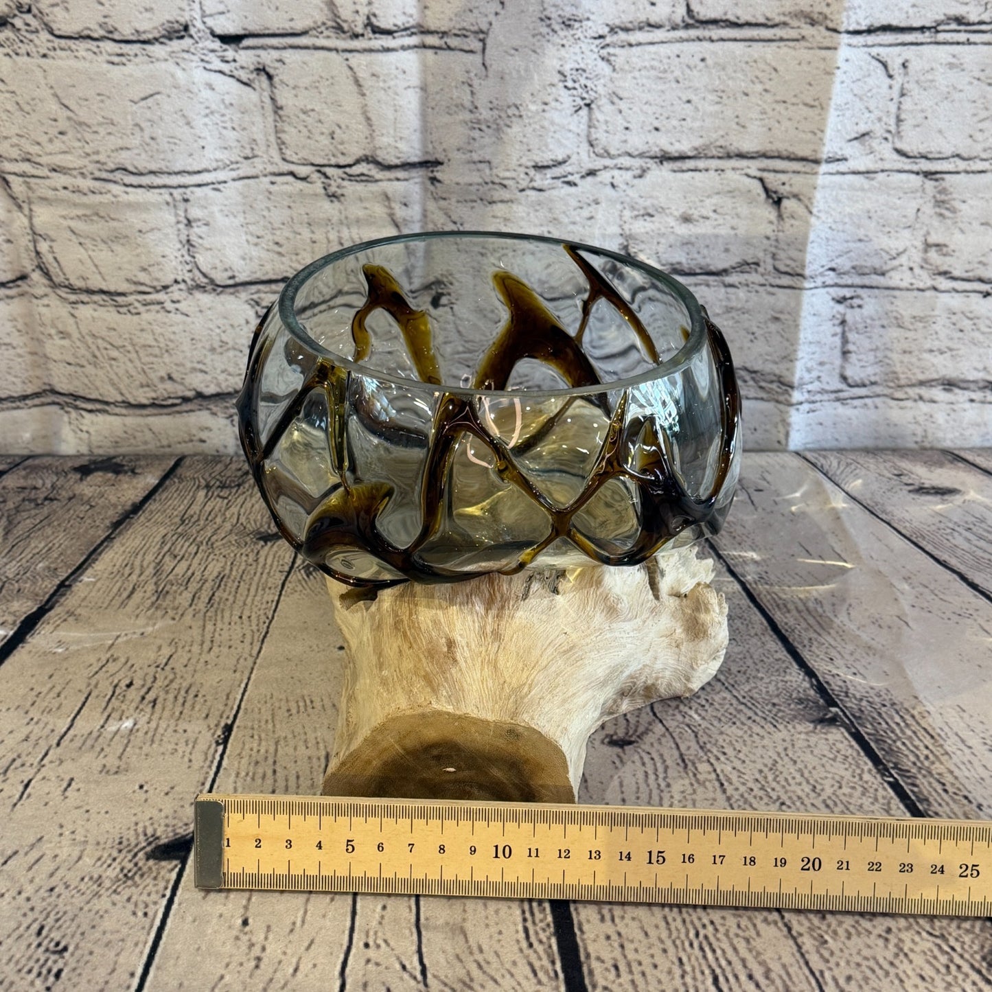 30cm Long Brown Streak Melted Glass Wood Decorative Bowl Glass Sculpture Crafted6