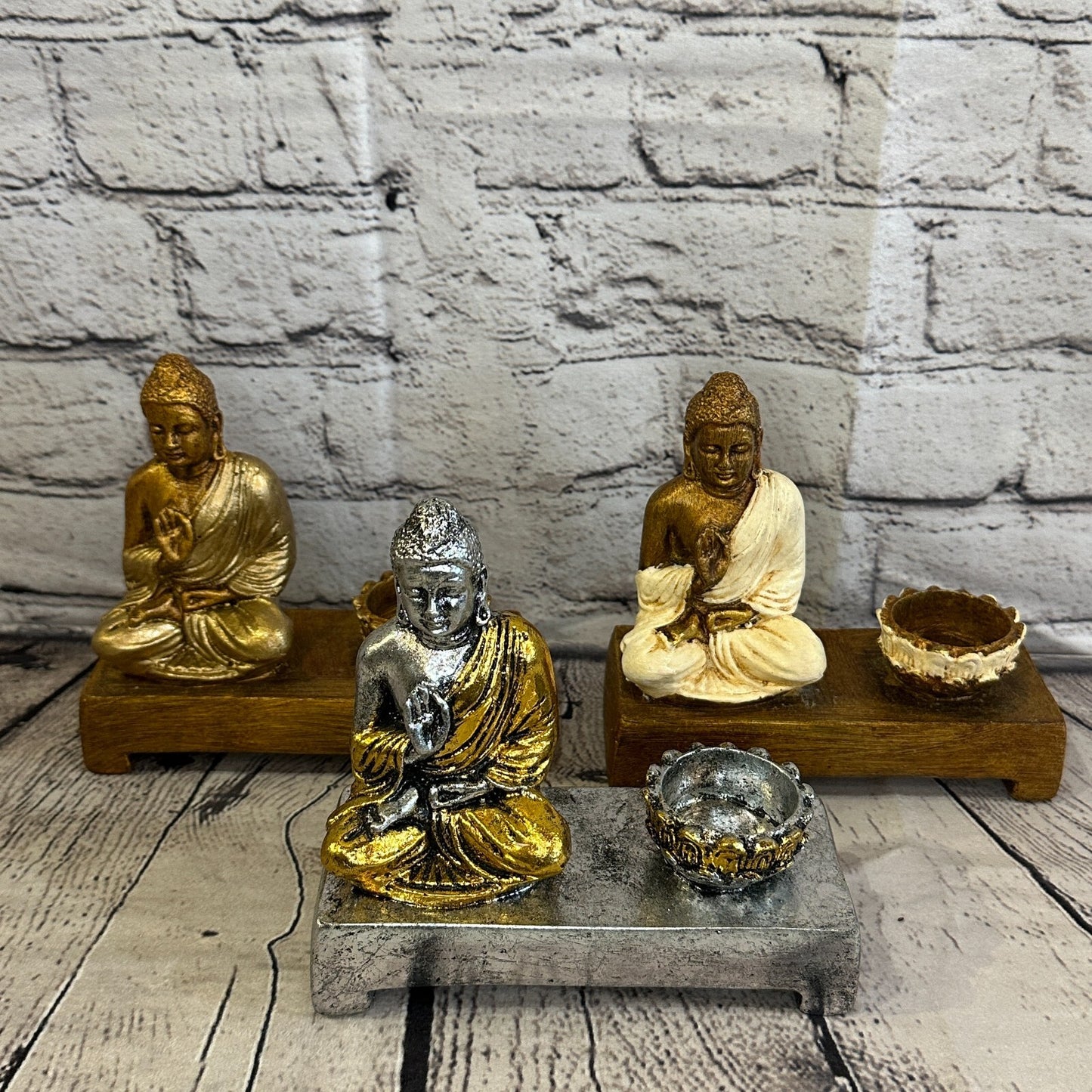 White & Bronze 15cm x 15cm Thai Buddha Tea Light Holder Statue Resin Hindu9
