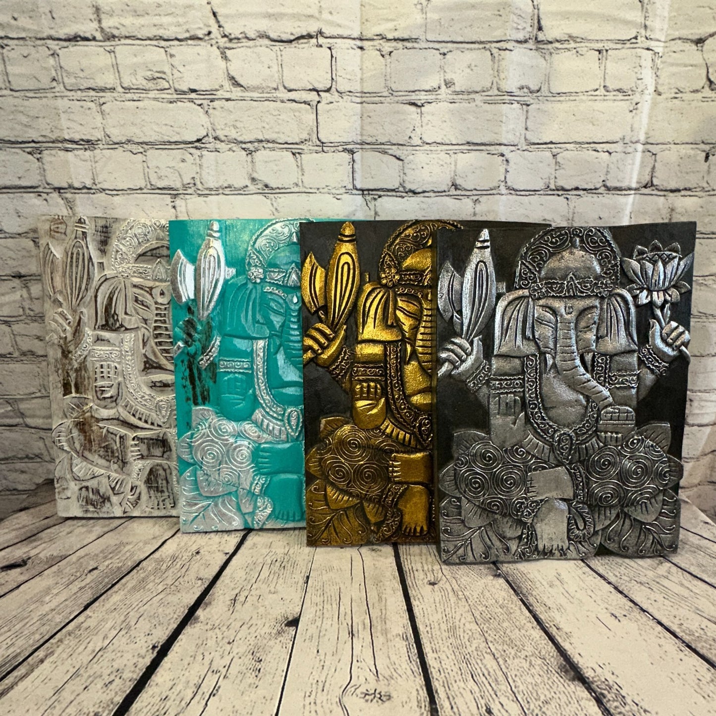 Wooden Wood Panel 40cm Brown Gold Ganesh Lotus Wall Art Plaque Handcarved6