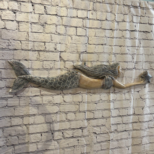 100cm Brown Wooden Mermaid Wall Decor Beach Art Hanging Mermaid Plaque Nautical1