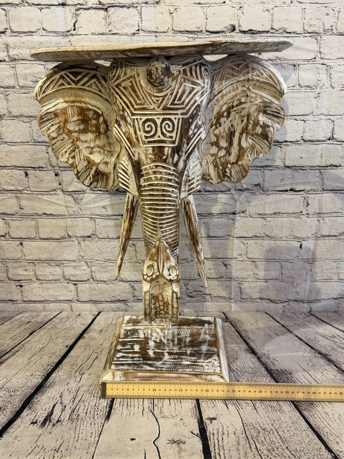 50cm x 45cm Brown Carved Wood Elephant Head Shelf Wall Mounted Art Large Shabby9
