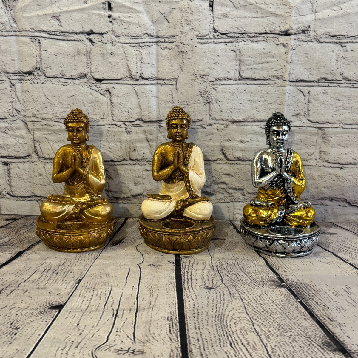 Gold & Silver 20cm x 10cm Thai Buddha Tea Light Holder Statue Resin Hindu8