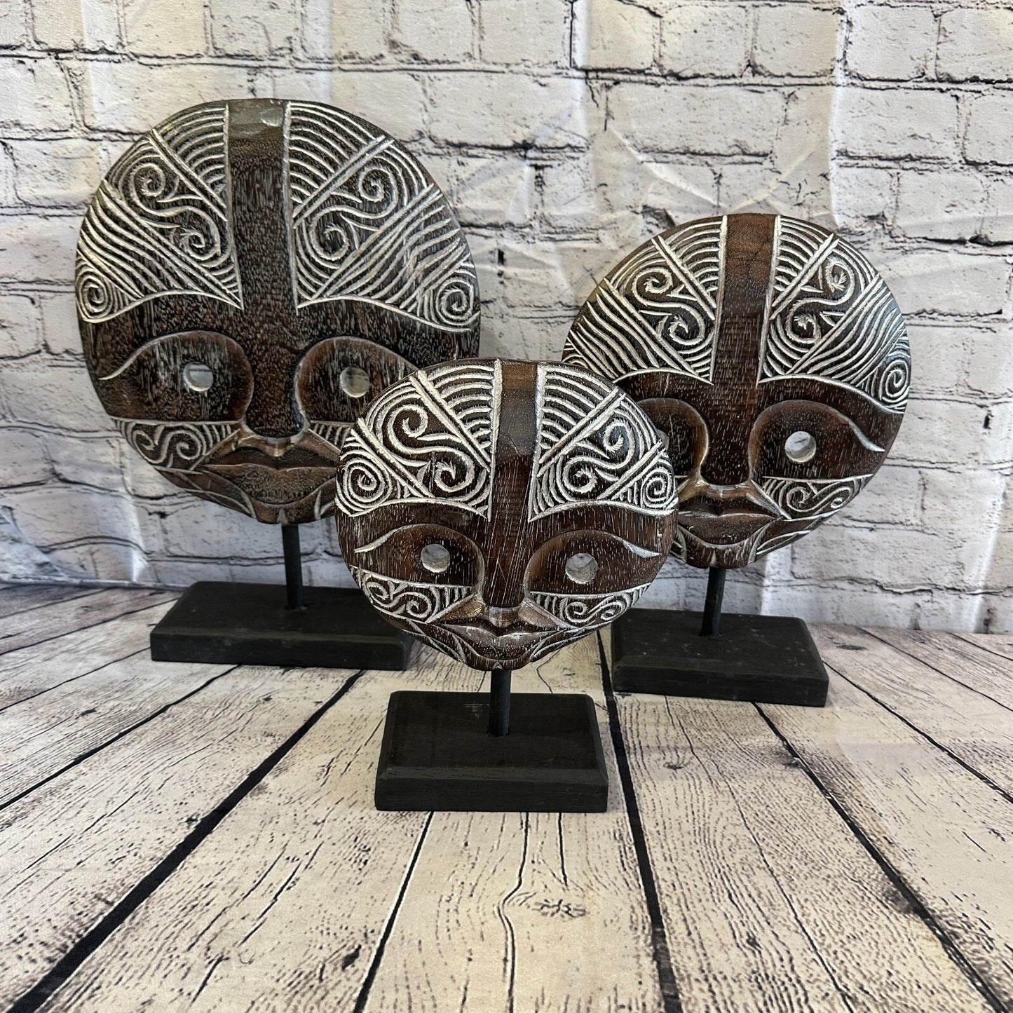 40cm x 35cm Wooden Tribal Primitive Black Mask Stand Sculpture Statue Art8