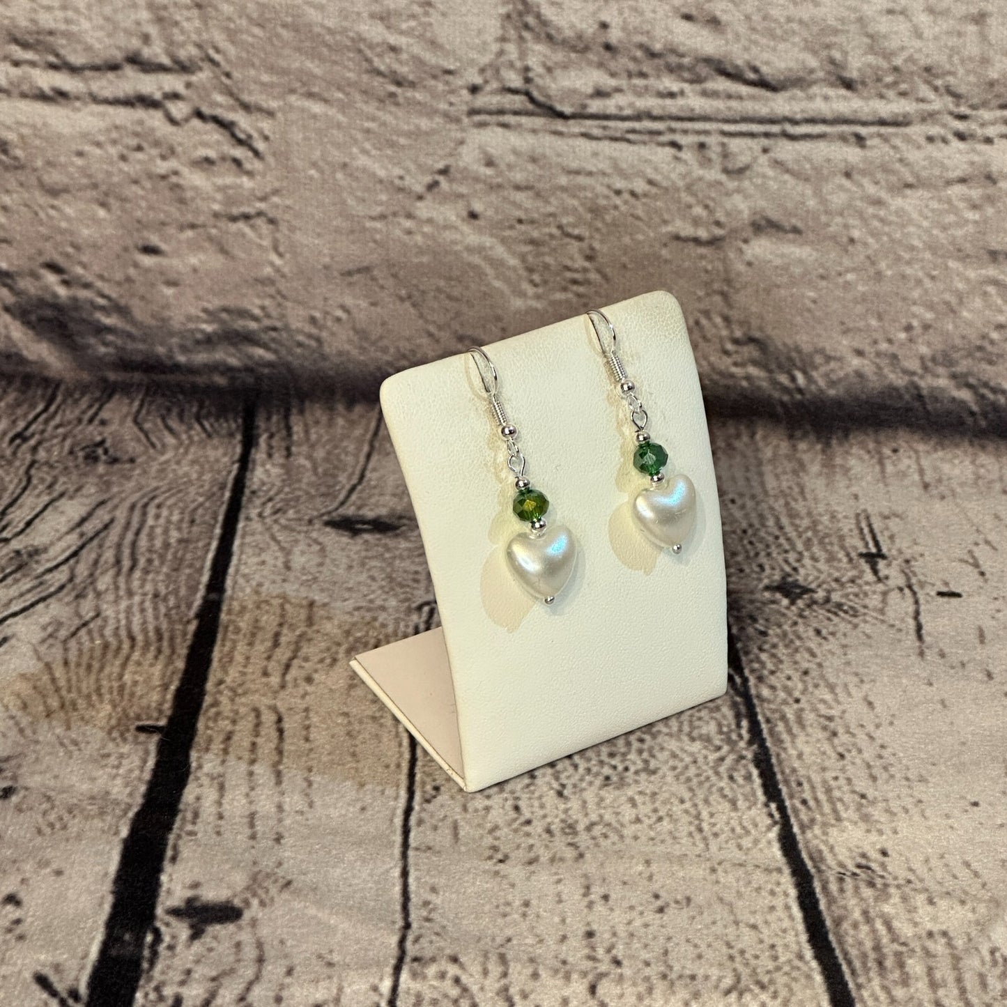 Green Crystal And White Heart Shaped Dangle Drop Earrings Handmade UK Jewellery2