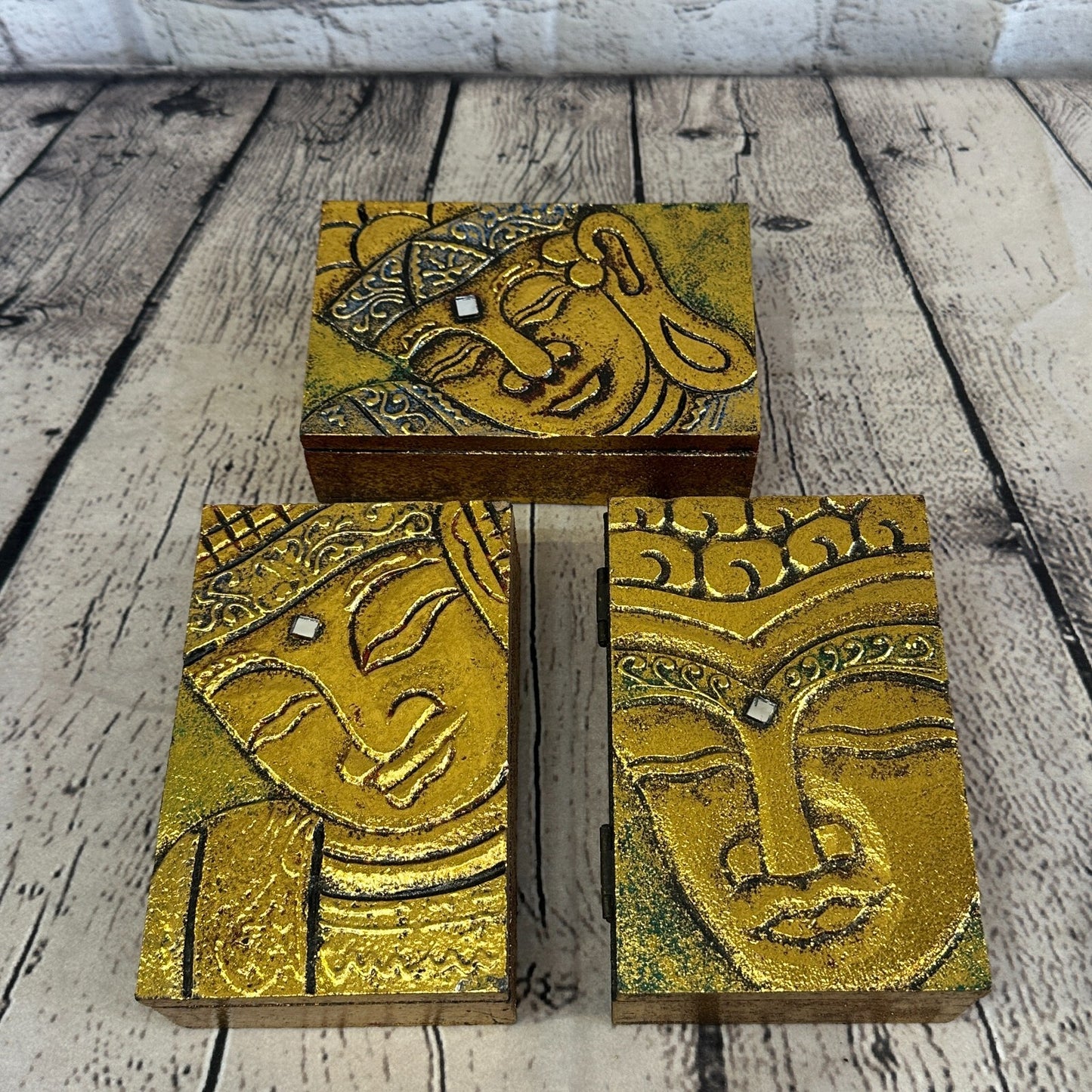 Bright Gold Thai Side Buddha Head 10cm x 15cm x 4cm Wooden Box Trinket Handmade7