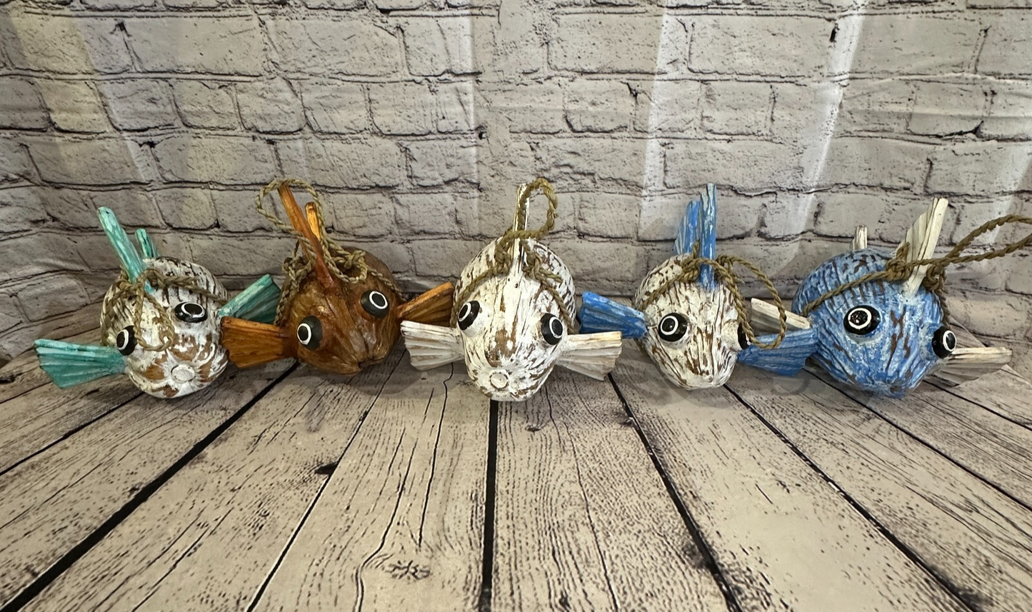 Plain Brown Folk Art Hand Painted Puffer Fish Coconut Shell Ornaments Hanging12