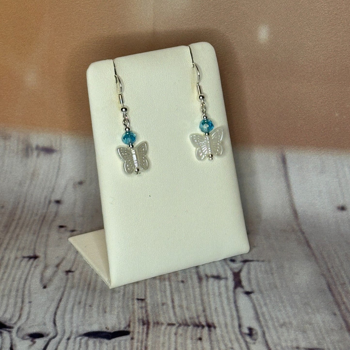 L Blue Crystal And White Butterfly Dangle Drop Earrings Handmade UK Jewellery2