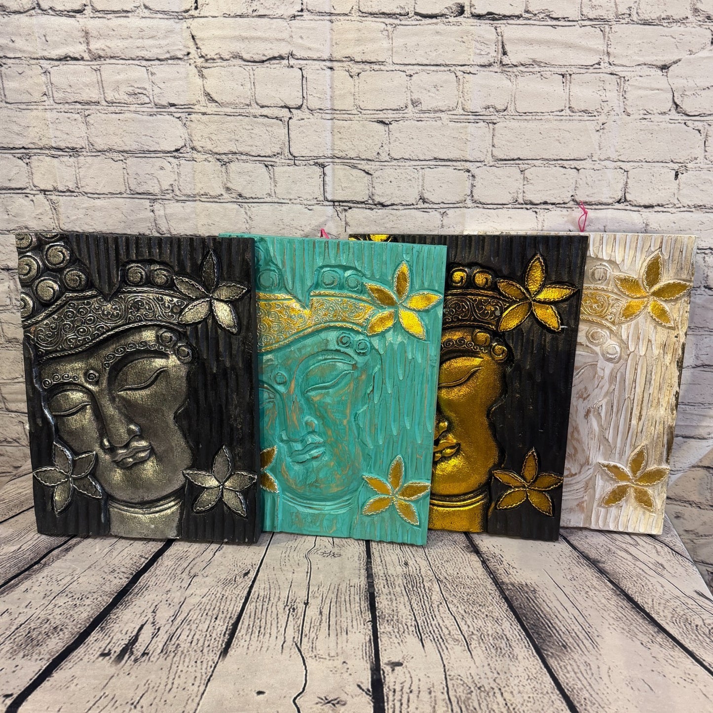 Wooden Wood Panel 40cm Gold Cream Buddha Flower Wall Art Plaque Handcarved6