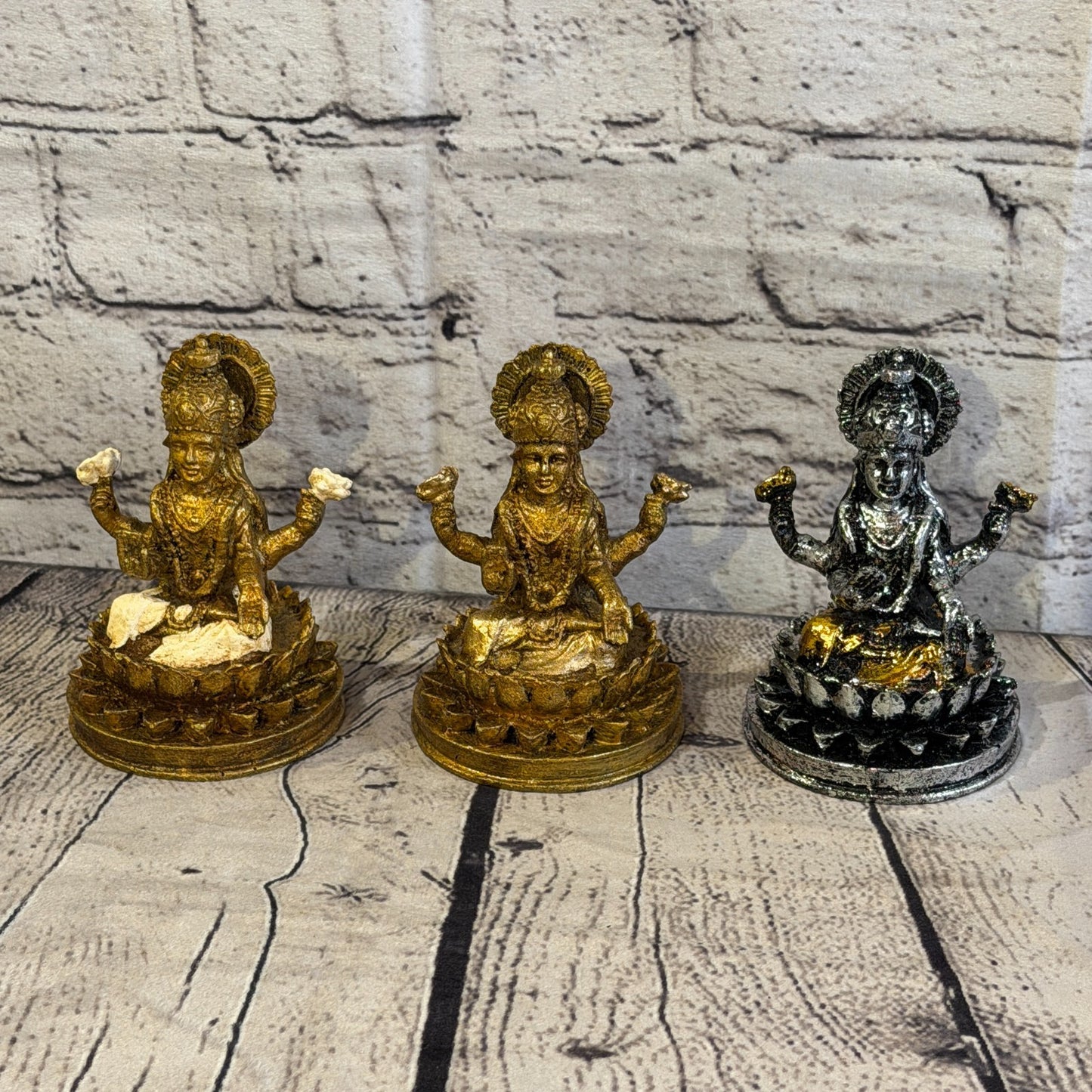 Silver And Gold 12cm x 8cm Small Lakshmi Sitting Lotus Statue Resin Hindu God8